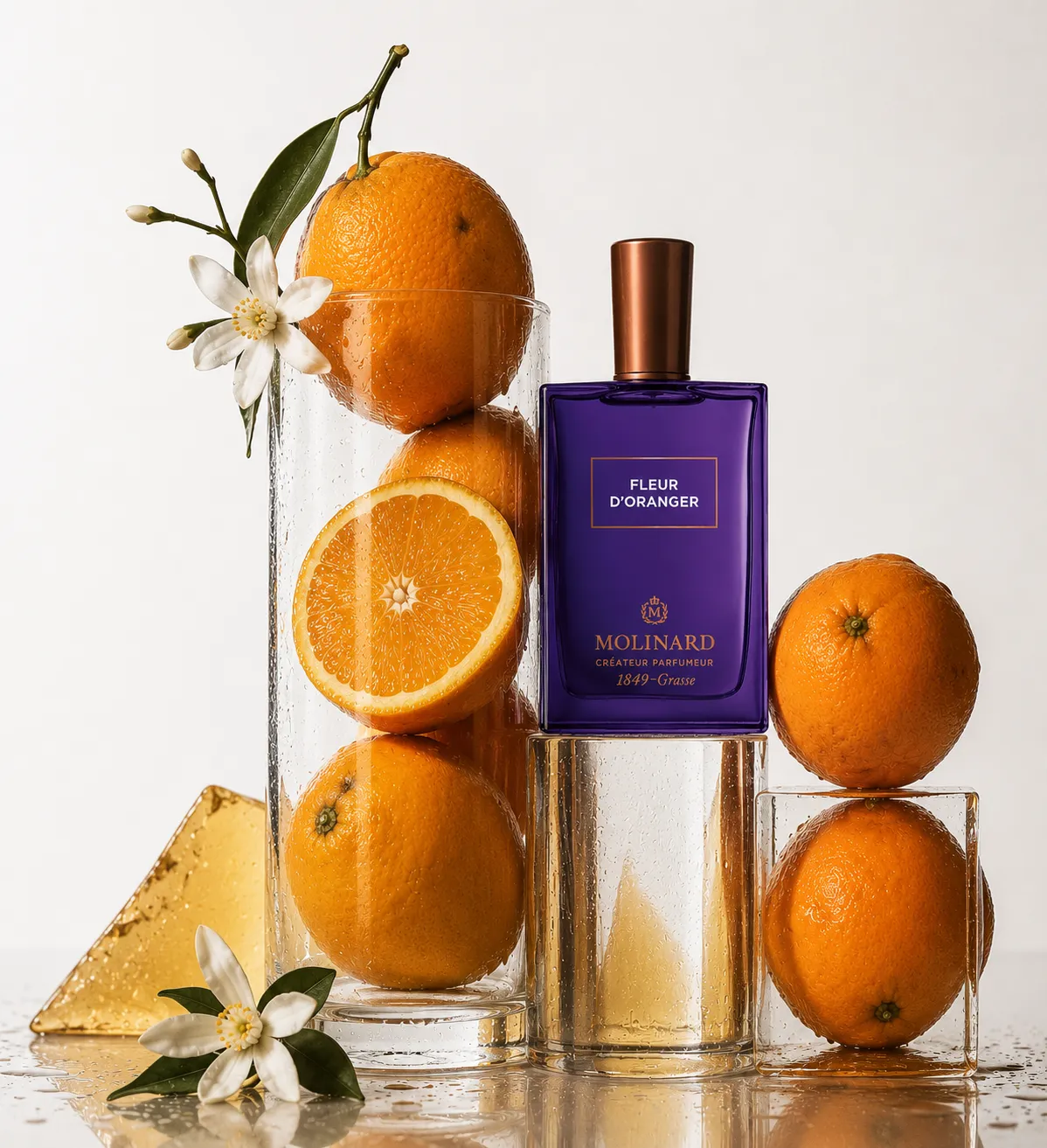 Parfum Molinard Fleur d’oranger et agrumes, visuel généré par IA — Riviera Skills Studio
